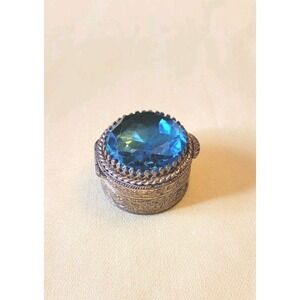 Blue Glass Gem Brass Embossed Hinged Trinket Box
